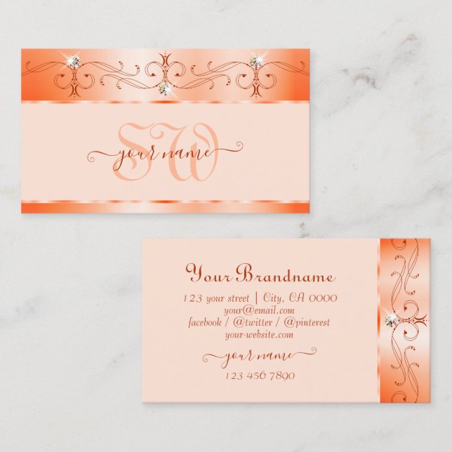 Luxe Glam Peach Ornate Sparkling Jewels Monogram Business Card (Front/Back)