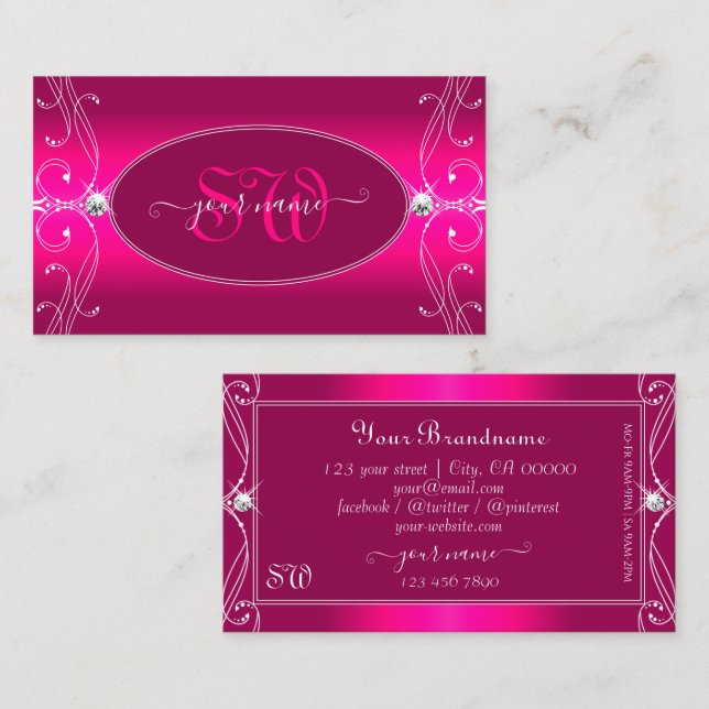 Luxe Glam Pink Ornate Sparkling Diamonds Initials Business Card (Front/Back)
