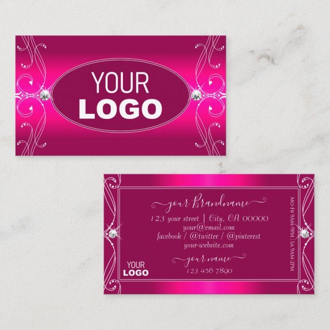 Luxe Glam Pink Ornate Sparkling Diamonds with Logo Business Card (Front/Back)