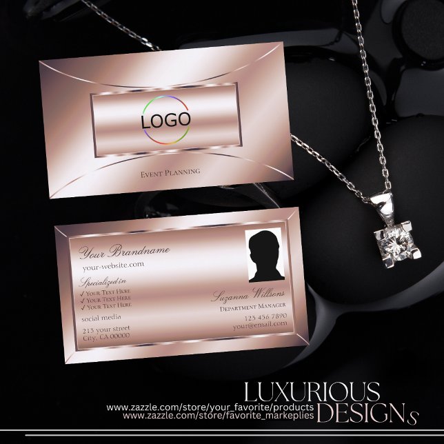 Luxe Glam Rose Golden with Logo and Photo Stylish Business Card (Creator Uploaded)