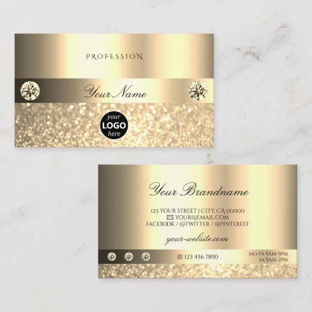 Luxe Glam Shimmery Glitter with Logo Luminous Gold Business Card (Front/Back)
