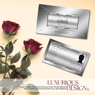 Luxe Glam Silver Glamour Decor with Logo and Photo Business Card