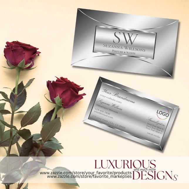 Luxe Glam Silver Glamour with Monogram and Logo Business Card (Creator Uploaded)