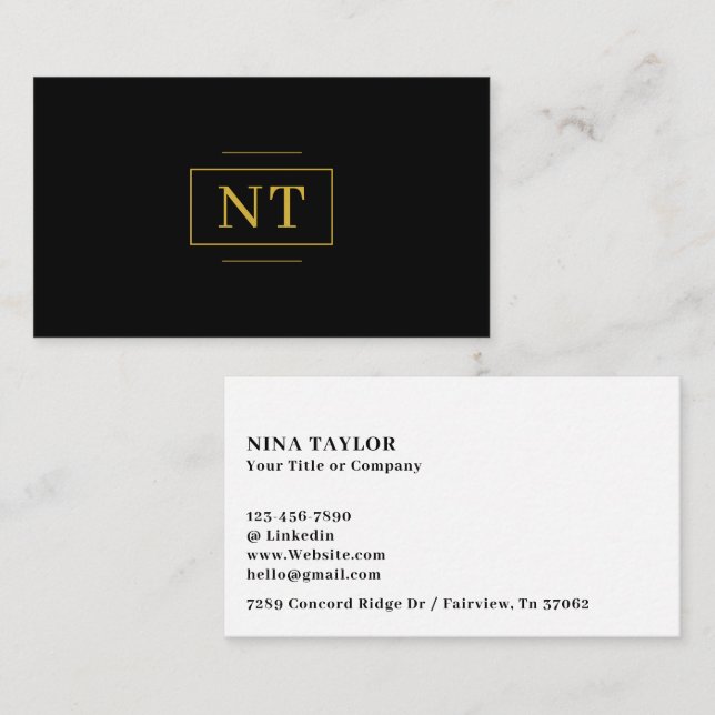 Luxe Gold 2 Initial Monogram Minimalist Black Business Card (Front/Back)