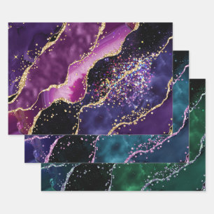 Luxe Gold-Accented Gemstone Glitter Agate Wrapping Paper Sheet