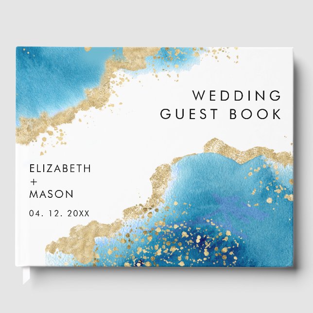 Luxe Gold and Blue Abstract Ocean Beach Wedding Guest Book (Front)