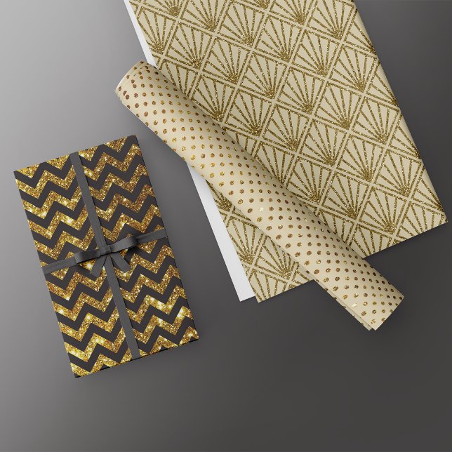 Luxe Gold Black Chevron Art Deco Glitter Wrapping Paper Sheet (Creator Uploaded)