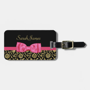 Luxe Gold Black Floral Damask Pink Bow and Name Luggage Tag