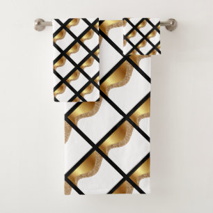 LUXE GOLD BLACK WAVE GRID BATH TOWEL SET