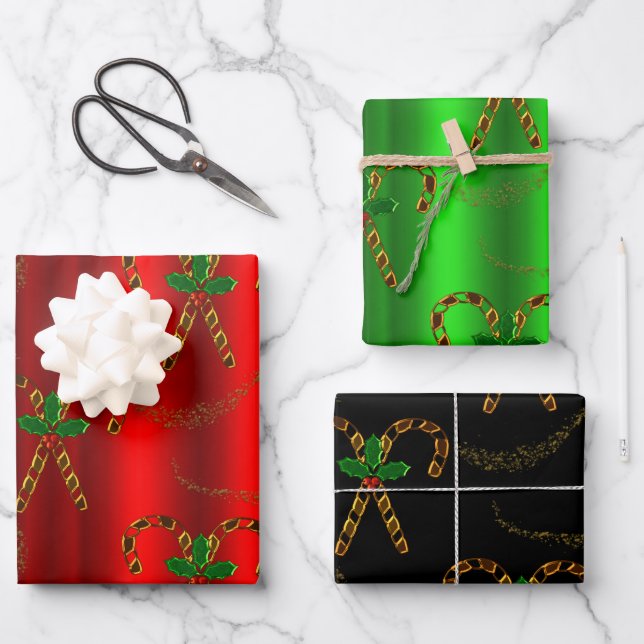 Luxe Gold Candy Canes and Holly Christmas Wrapping Paper Sheet (Front)