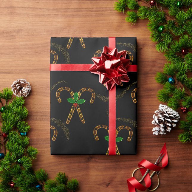 Luxe Gold Candy Canes Black Christmas Wrapping Paper (Holiday Gift)