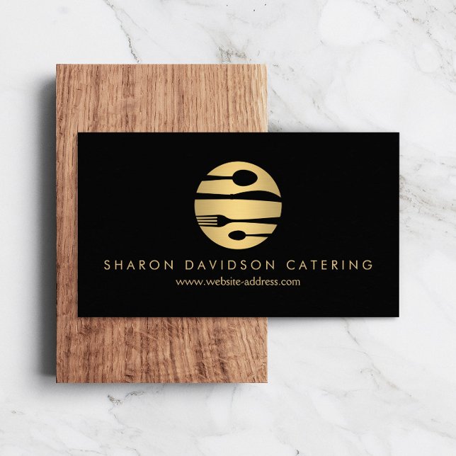 Luxe Gold Catering Logo Restaurant, Chef Black Business Card (Creator Uploaded)