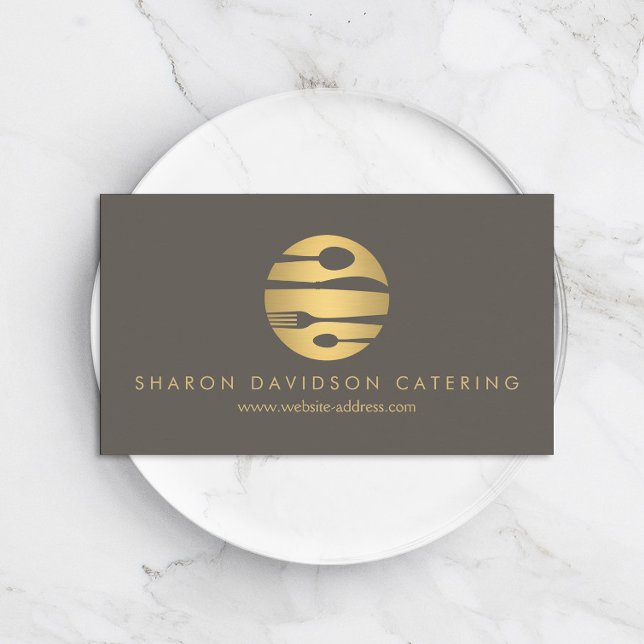 Luxe Gold Catering Logo Restaurant, Chef Taupe Business Card (Creator Uploaded)