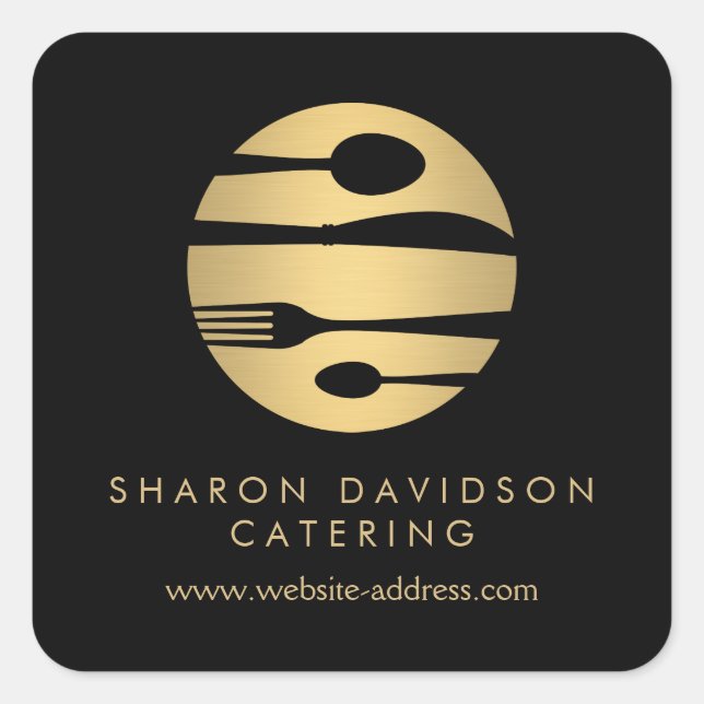Luxe Gold Catering Logo Restaurant, Food Black Square Sticker (Front)