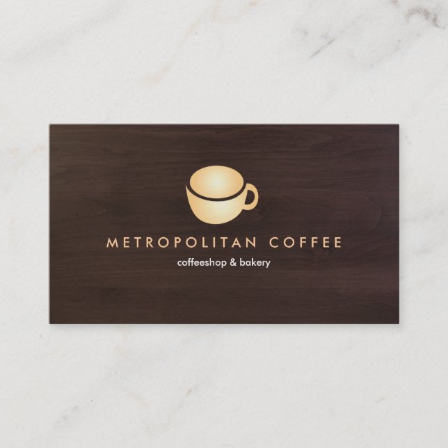 LUXE GOLD COFEE MUG LOGO on DARK BROWN WOODGRAIN Business Card (Front)