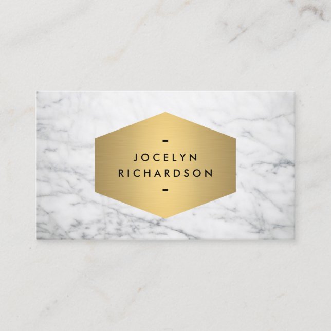 Luxe Gold Emblem on White Marble Business Card (Front)