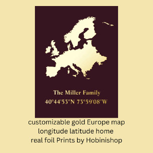 luxe gold Europe map longitude latitude home real Foil Prints