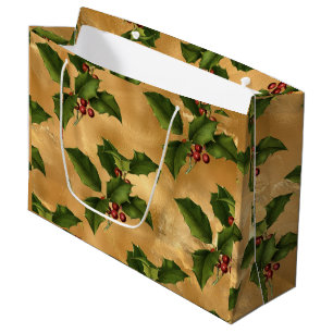 Luxe Gold Foil, Green Holly, Red Berries  Large Gift Bag