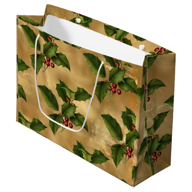 Luxe Gold Foil, Green Holly, Red Berries  Large Gift Bag (Front Angled)