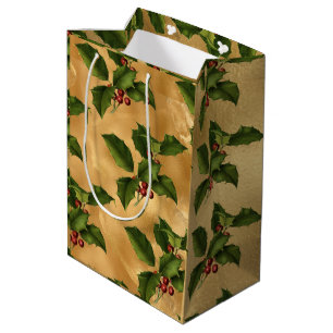 Luxe Gold Foil, Green Holly, Red Berries Medium Gift Bag