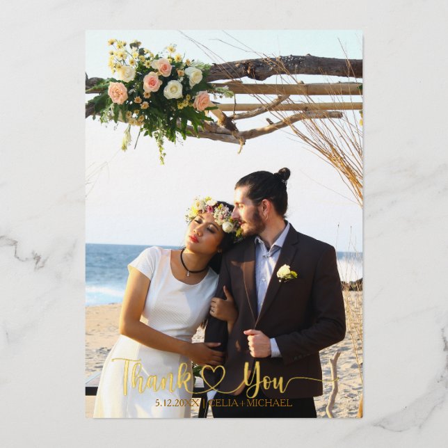 Luxe Gold Foil Wedding Thank You Card with Photo (Front)