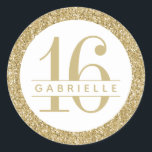 Luxe Gold Glitter Birthday Favour Sticker Label<br><div class="desc">Rich luxurious looking neutral gold Glitter with gold-coloured customisable birthday age and name text. Great accent for elegant and modern Bat Mitzvah celebrations, sweet sixteen, 16th birthday parties, Quinceaneras, baby showers, bridal showers, and weddings. The artwork is a printed image of glitter - no real glitter is used. Visit the...</div>