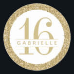 Luxe Gold Glitter Birthday Favour Sticker Label<br><div class="desc">Rich luxurious looking neutral gold Glitter with gold-coloured customisable birthday age and name text. Great accent for elegant and modern Bat Mitzvah celebrations, sweet sixteen, 16th birthday parties, Quinceaneras, baby showers, bridal showers, and weddings. The artwork is a printed image of glitter - no real glitter is used. Visit the...</div>
