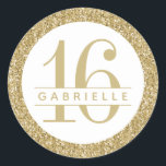 Luxe Gold Glitter Birthday Favour Sticker Label<br><div class="desc">Rich luxurious looking neutral gold Glitter with gold-coloured customisable birthday age and name text. Great accent for elegant and modern Bat Mitzvah celebrations, sweet sixteen, 16th birthday parties, Quinceaneras, baby showers, bridal showers, and weddings. The artwork is a printed image of glitter - no real glitter is used. Visit the...</div>