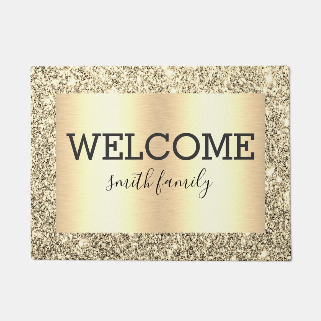 Luxe Gold Glitter Metallic Welcome Personalised  Doormat (Front)