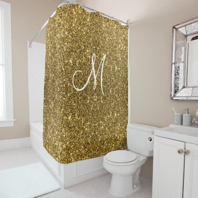 Luxe Gold Glitter Stylish Monogrammed Personalised Shower Curtain (In Situ)