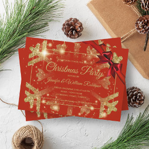 Luxe Gold Glitter Xmas Holiday Red Ribbon  Invitation