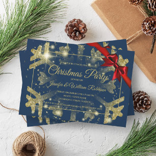 Luxe Gold Glitter Xmas Holiday Red Ribbon Navy Invitation