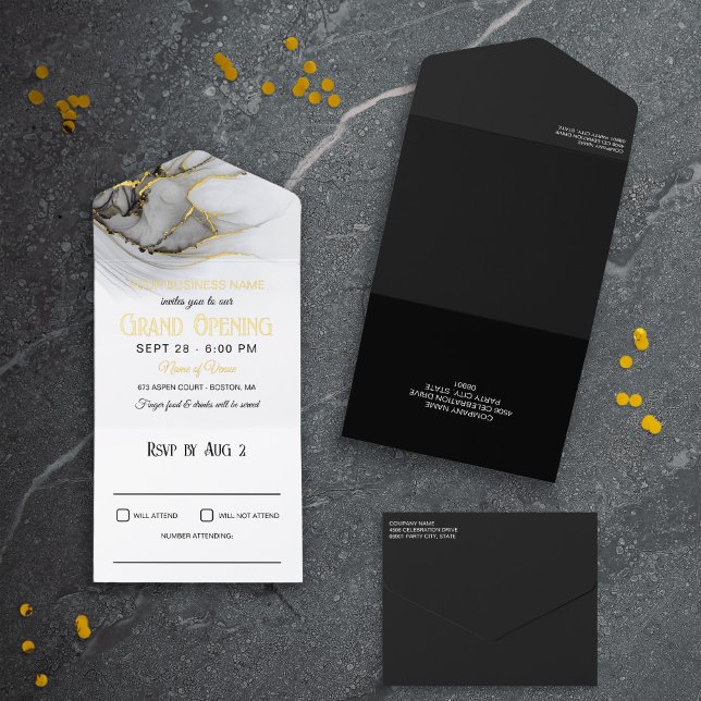 Luxe Gold Grey White Marble Business Grand Opening All In One Invitation (Creator Uploaded)