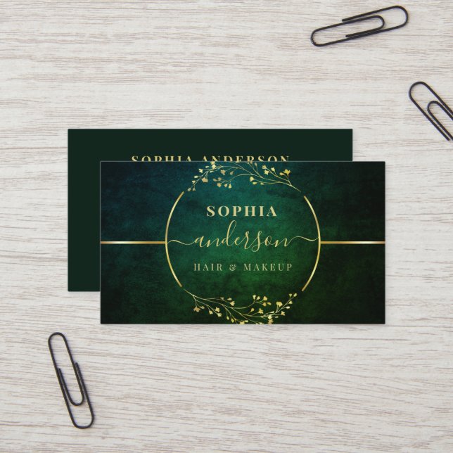 Luxe Gold Logo circle Foliage Signature Script Bus Business Card (Front/Back In Situ)