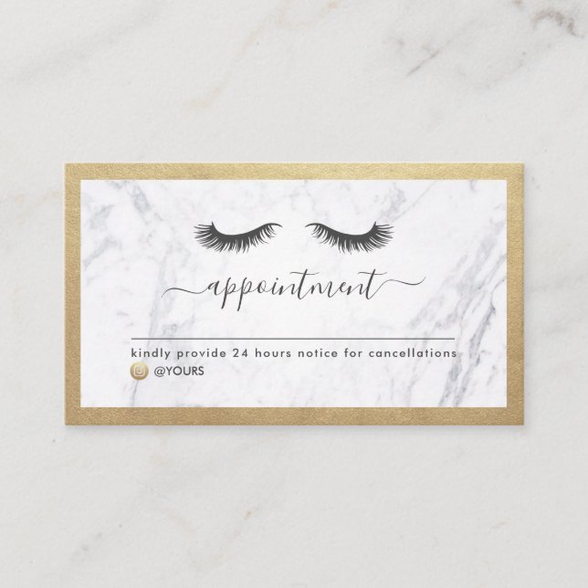 Luxe Gold & Marble Eyelash Beauty Appointment Business Card (Front)