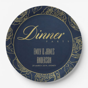 LUXE GOLD NAVY ELEGANT ROSE FLORAL DINNER PARTY PAPER PLATE