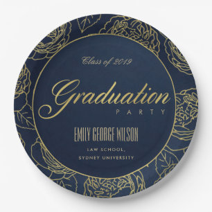 LUXE GOLD NAVY ELEGANT ROSE FLORAL GRADUATION PAPER PLATE