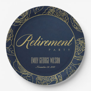 LUXE GOLD NAVY ELEGANT ROSE FLORAL RETIREMENT PAPER PLATE