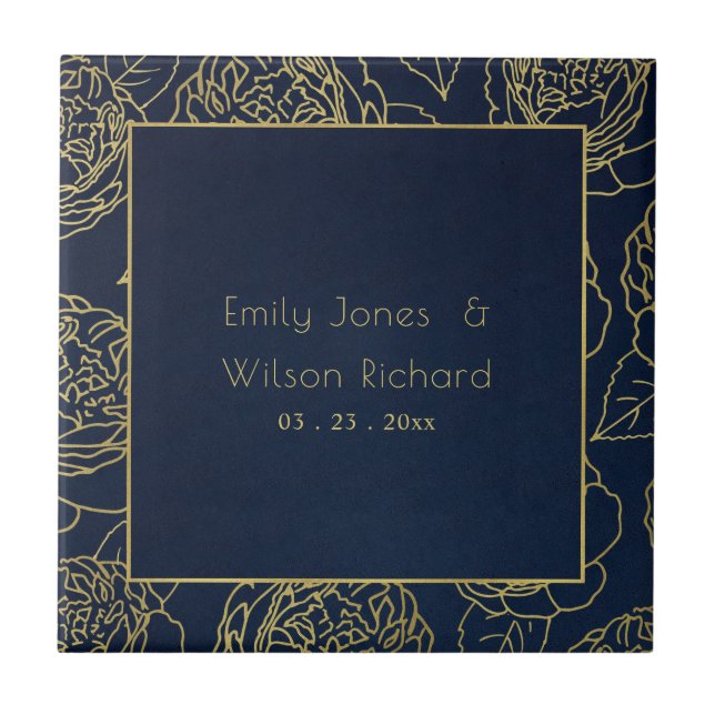 LUXE GOLD NAVY ELEGANT ROSE FLORAL SAVE THE DATE TILE (Front)