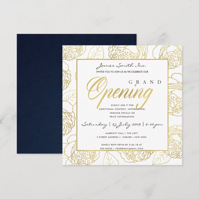 LUXE GOLD NAVY ROSE FLORAL GRAND OPENING CEREMONY INVITATION (Front/Back)