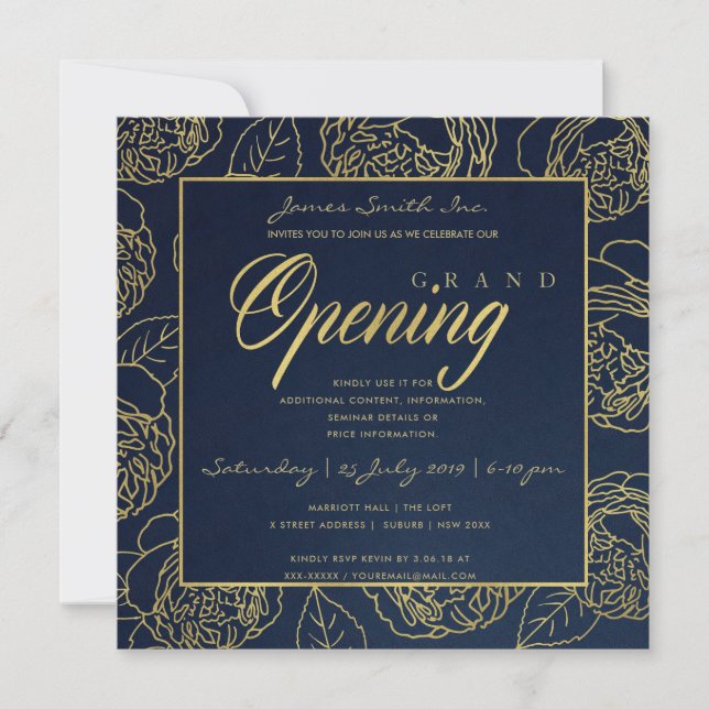 LUXE GOLD NAVY ROSE FLORAL GRAND OPENING CEREMONY INVITATION (Front)