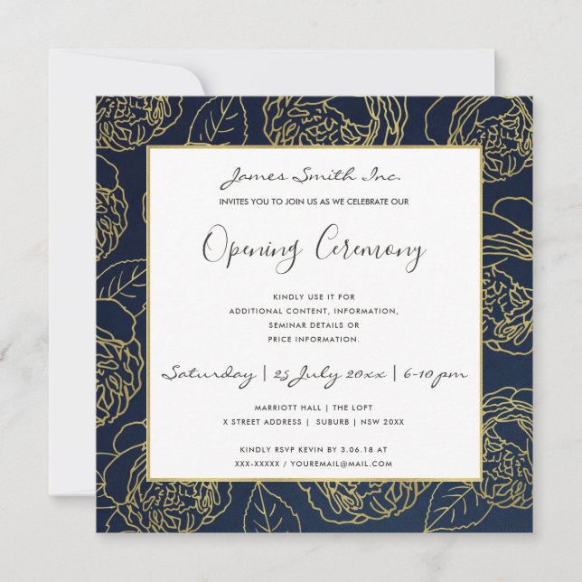 LUXE GOLD NAVY ROSE FLORAL GRAND OPENING CEREMONY INVITATION (Front)