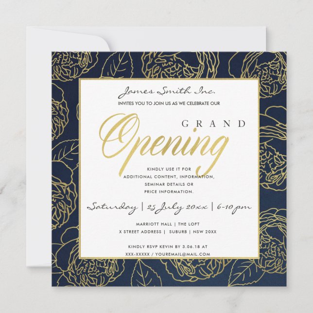 LUXE GOLD NAVY ROSE FLORAL GRAND OPENING CEREMONY INVITATION (Front)