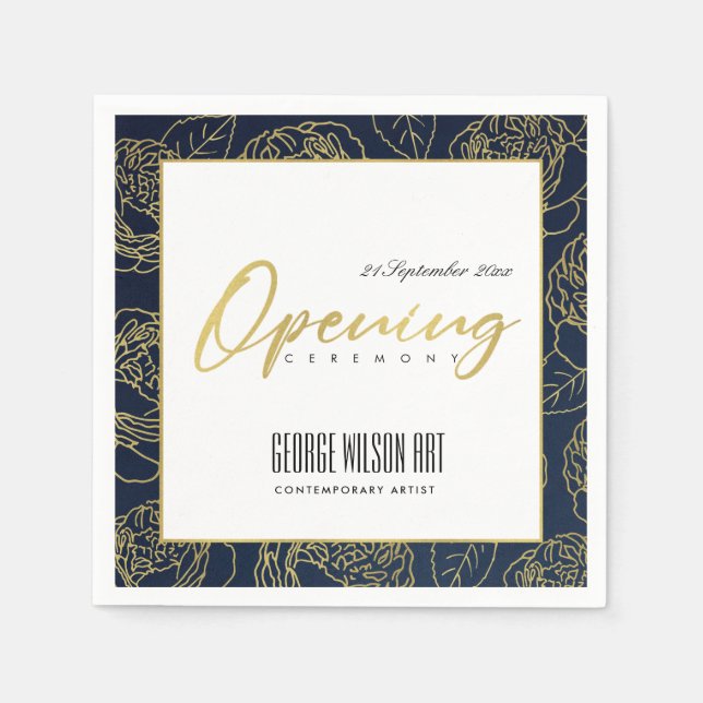 LUXE GOLD NAVY ROSE FLORAL GRAND OPENING CEREMONY NAPKIN (Front)