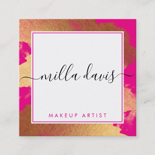 LUXE GOLD pretty modern glamour gilded bright pink Square Business Card (Front)