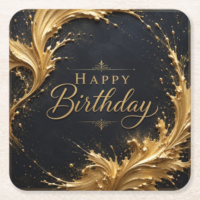Luxe Gold Splash Birthday Elegance Square Paper Coaster (Front)