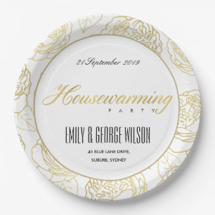 LUXE GOLD WHITE ELEGANT ROSE FLORAL HOUSEWARMING PAPER PLATE