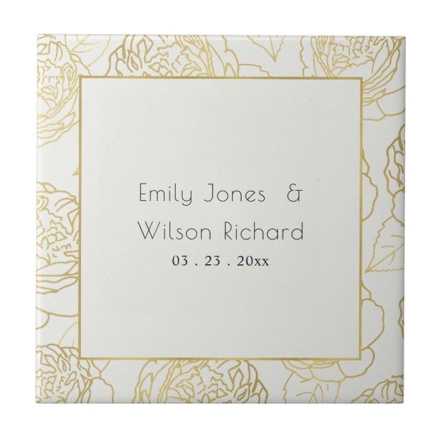 LUXE GOLD WHITE ELEGANT ROSE FLORAL SAVE THE DATE TILE (Front)