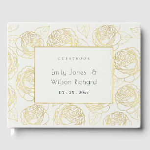 LUXE GOLD WHITE NAVY ELEGANT ROSE FLORAL GUEST BOOK