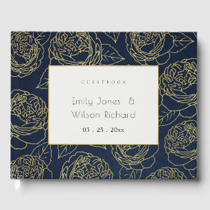LUXE GOLD WHITE NAVY ELEGANT ROSE FLORAL GUEST BOOK